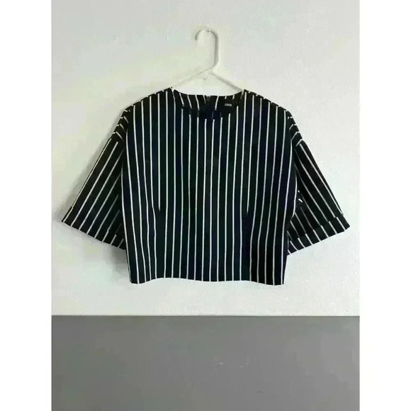 ASOS | Black + White Striped Cropped Blouse‎ Sz. 4 Cuff Sleeve Business Casual - Picture 1 of 9